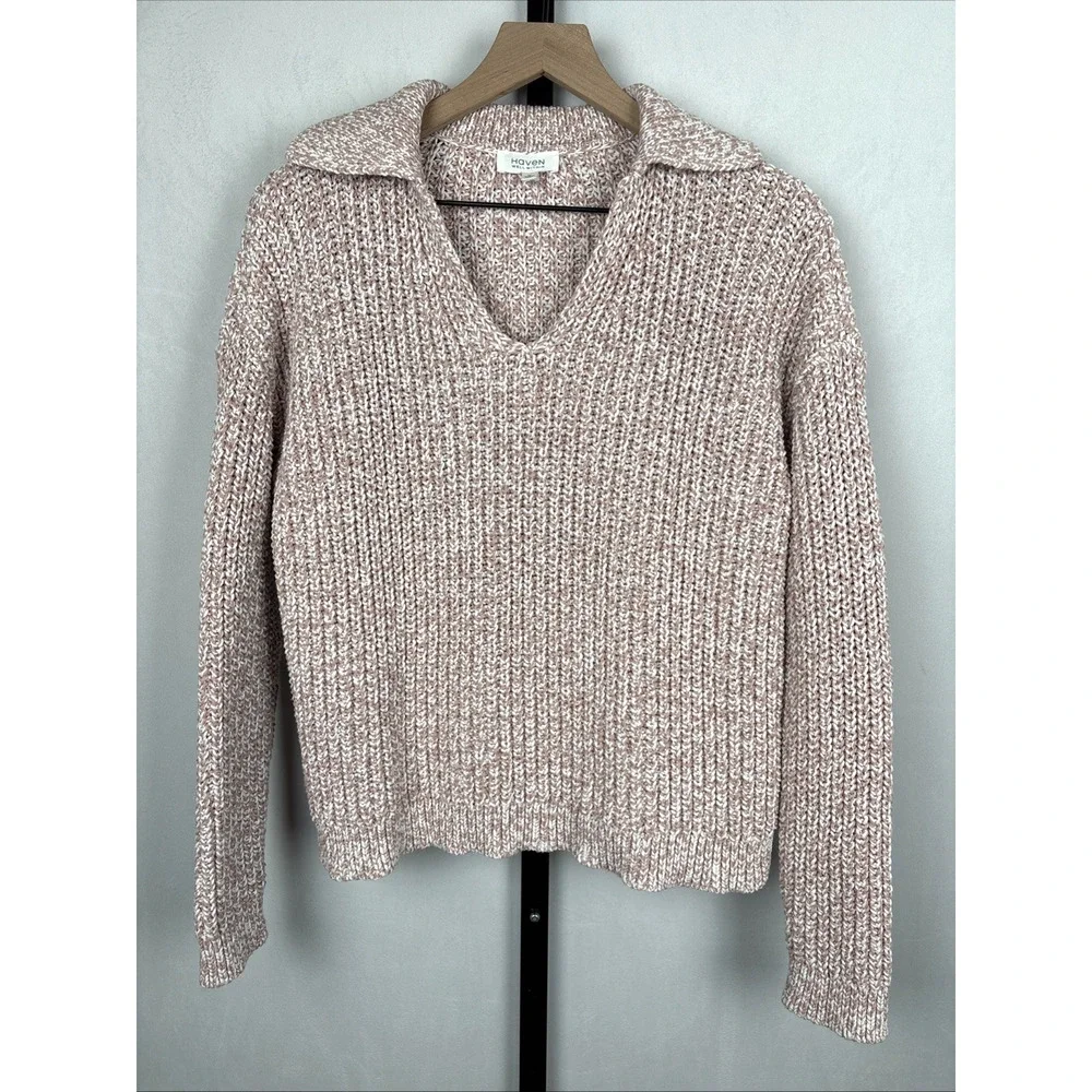 Haven Well Within Marled Knit Polo Sweater Womens Medium Pink Cozy Chunky Cotton
